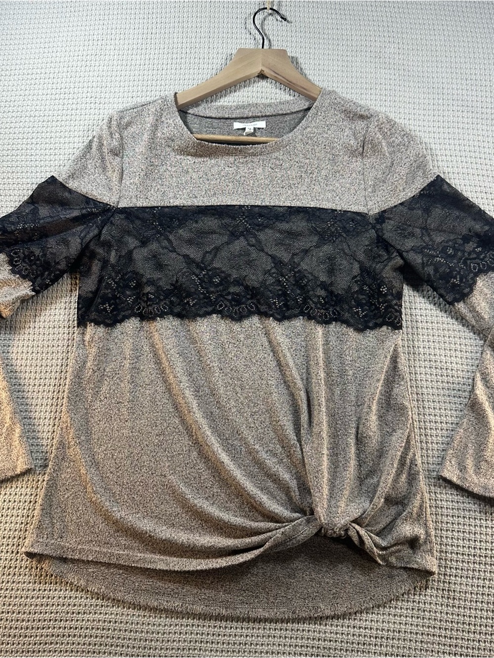 Maurice’s Long Sleeve Taupe Knit Top with Black Lace Trim